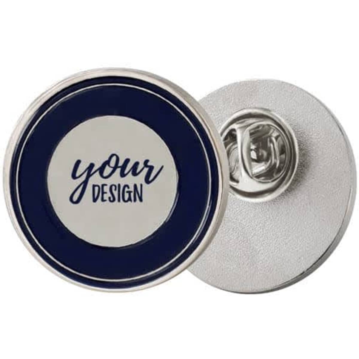 A custom round metal lapel pin with a navy blue border, featuring a blank area for personal design.