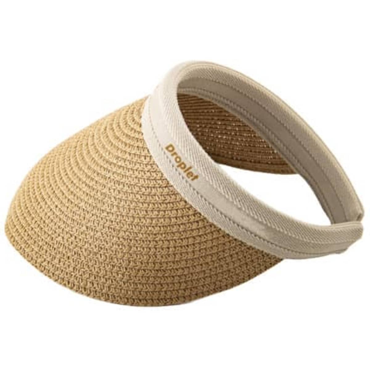 A straw visor hat in beige with a white band and a logo. Ideal for sunny conditions.