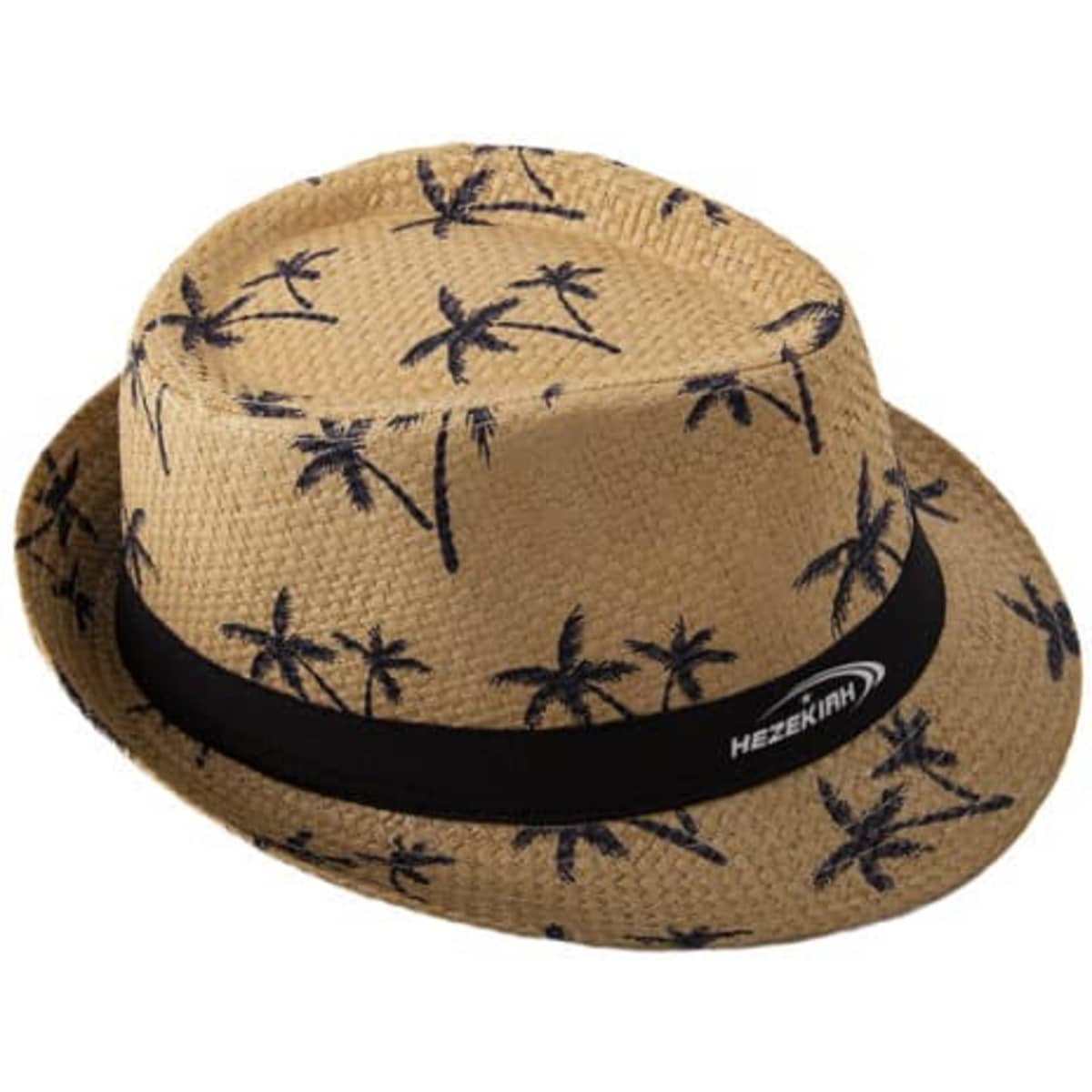 A straw jazz hat featuring a palm tree pattern and a black band, ideal for sunny days.