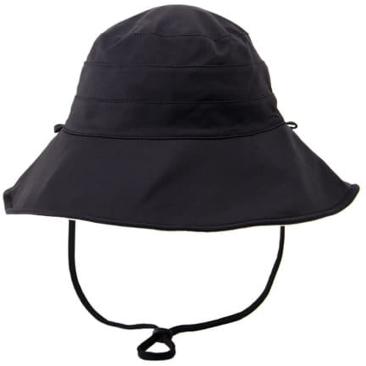 A black double-sided wide brim bucket hat with a chin strap and a simple logo on the side.