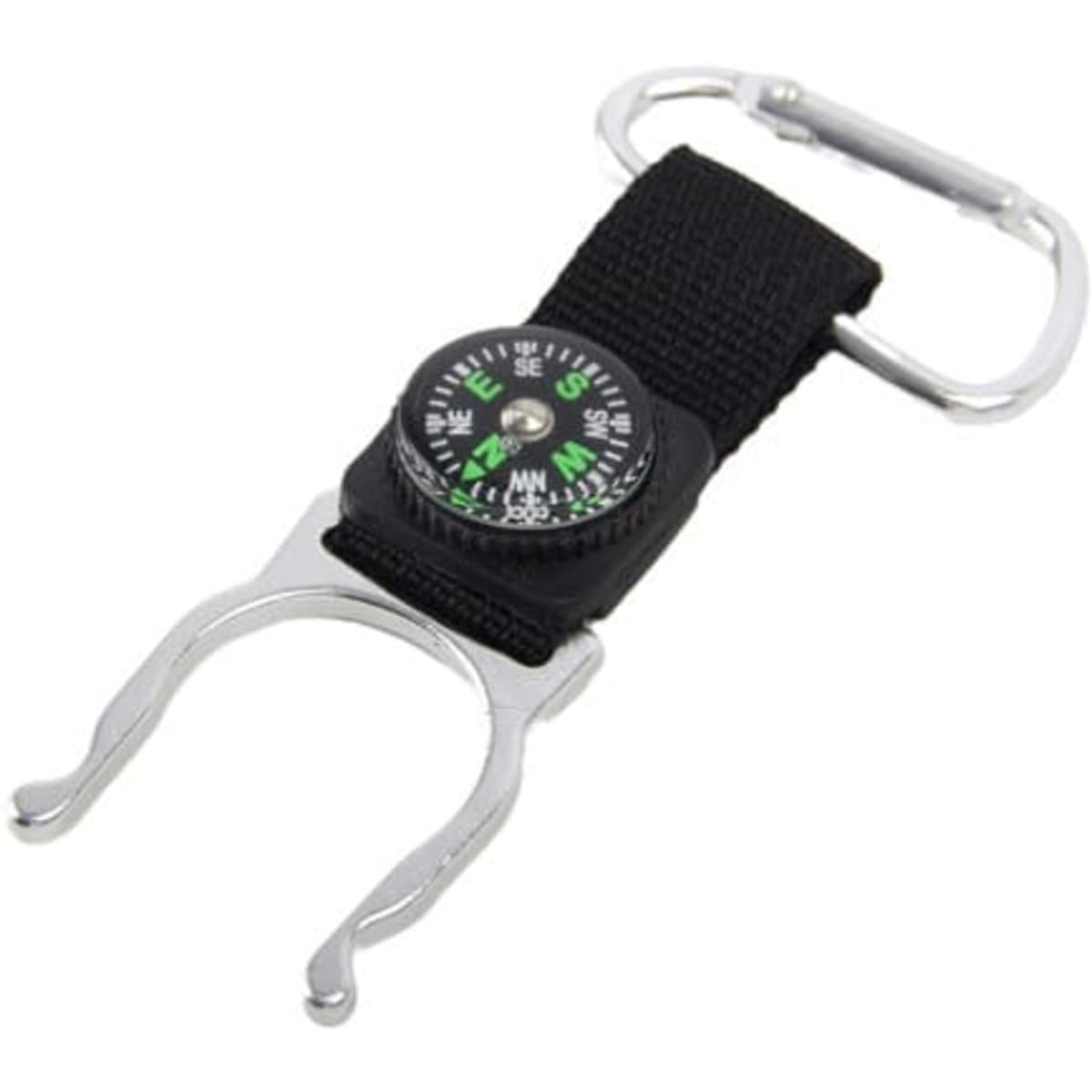 A drink bottle buckle with a black strap and compass, featuring a metal carabiner for attachment.