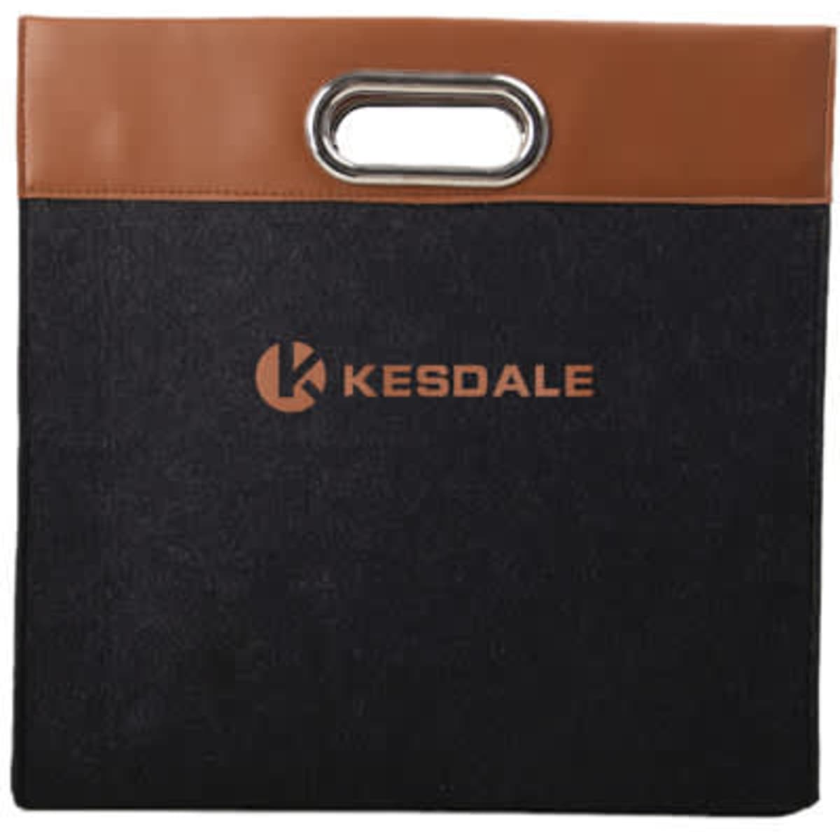 Custom felt tote bag with a die cut handle, featuring a black body and a brown leather top, with a logo.