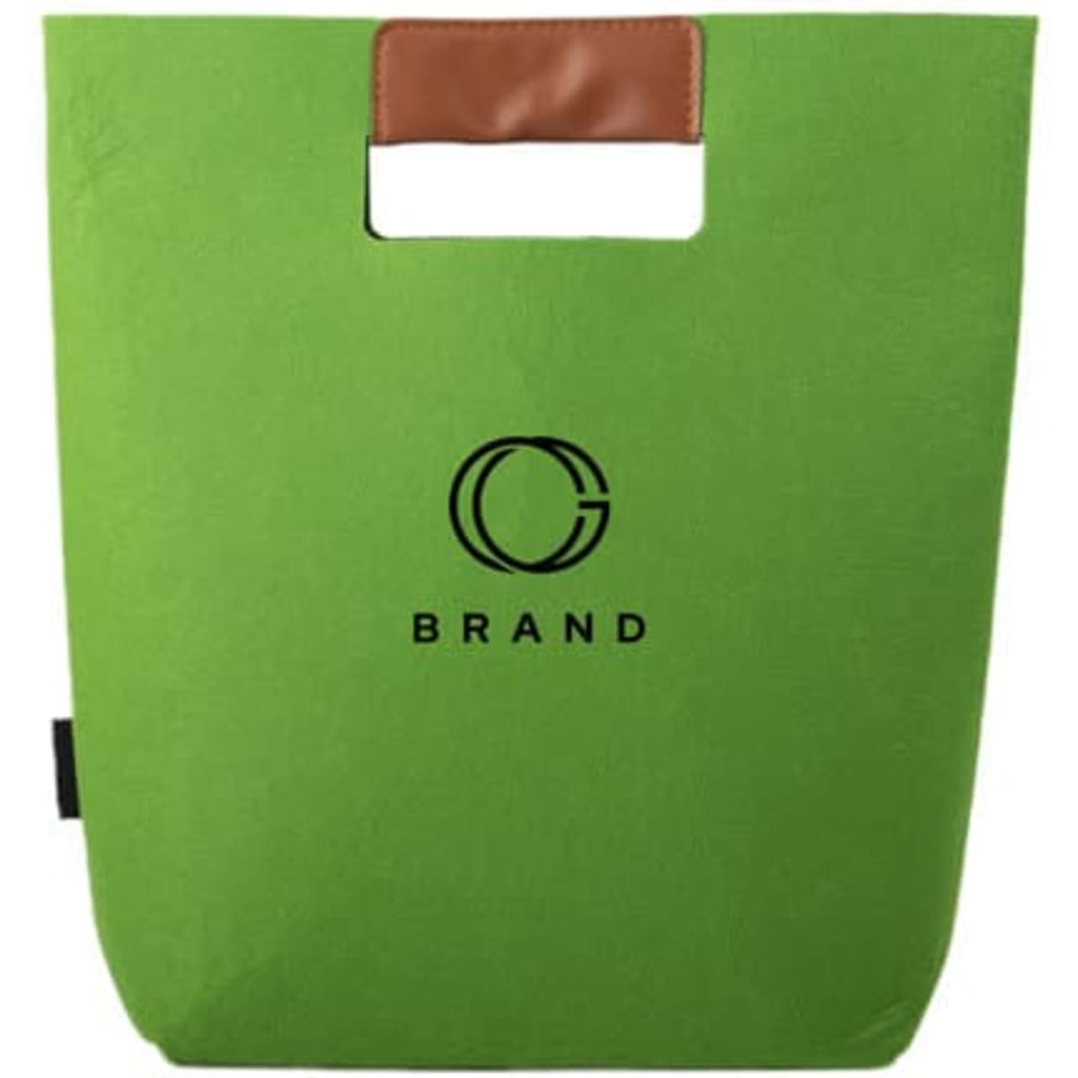A green felt tote bag with a tan handle and a logo on the front.