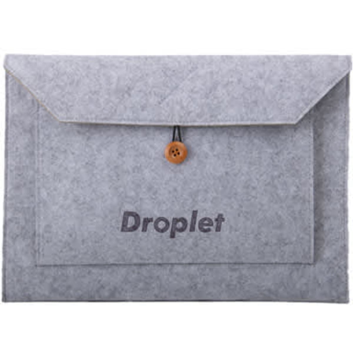 A grey felt laptop sleeve case featuring a button closure and a logo. Suitable for carrying laptops securely.