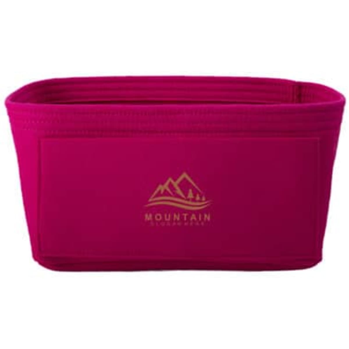 A pink felt organiser insert bag features a logo and multiple compartments for easy storage in handbags.