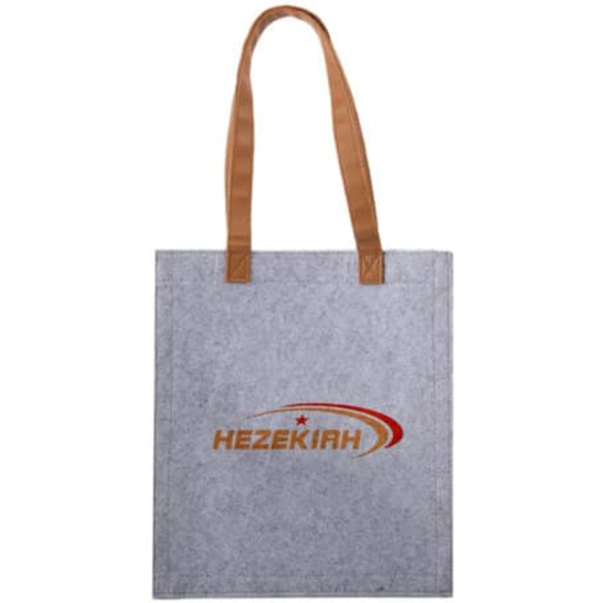 A grey felt tote bag with brown straps and a logo on the front.