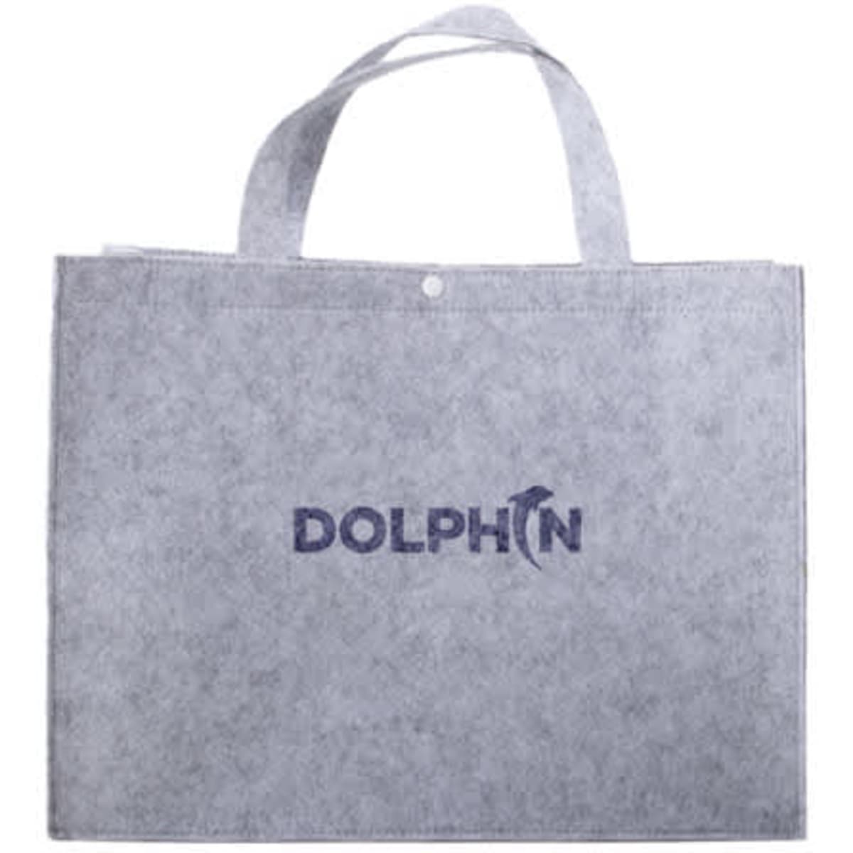 A grey felt tote bag with two handles, featuring a logo on the front and a button closure.