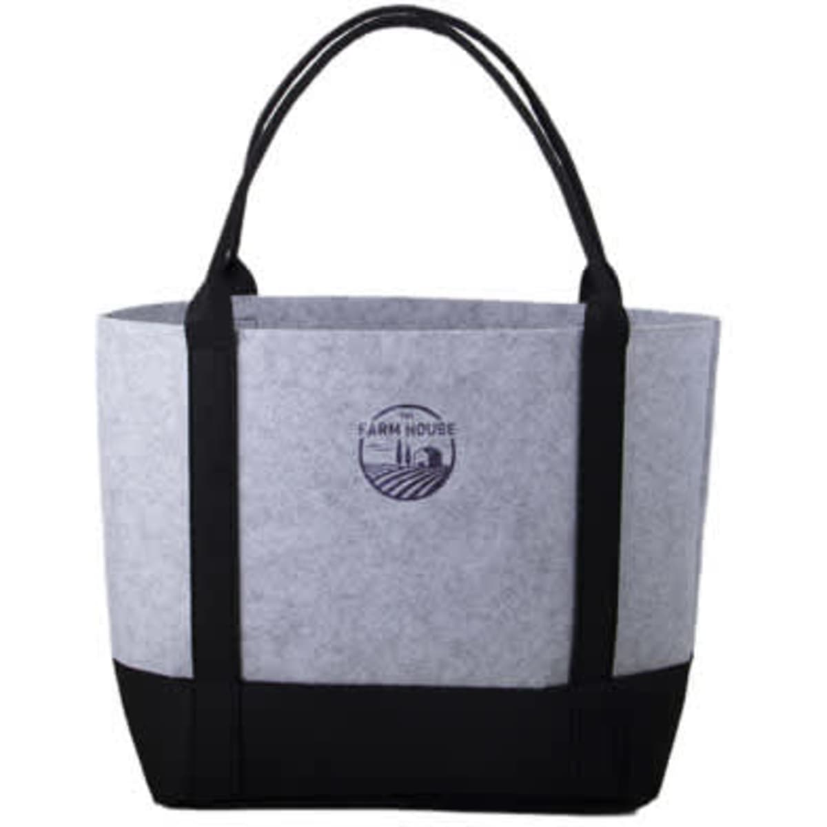 A felt tote bag in grey with black accents and sturdy handles, featuring a circular logo on the front.