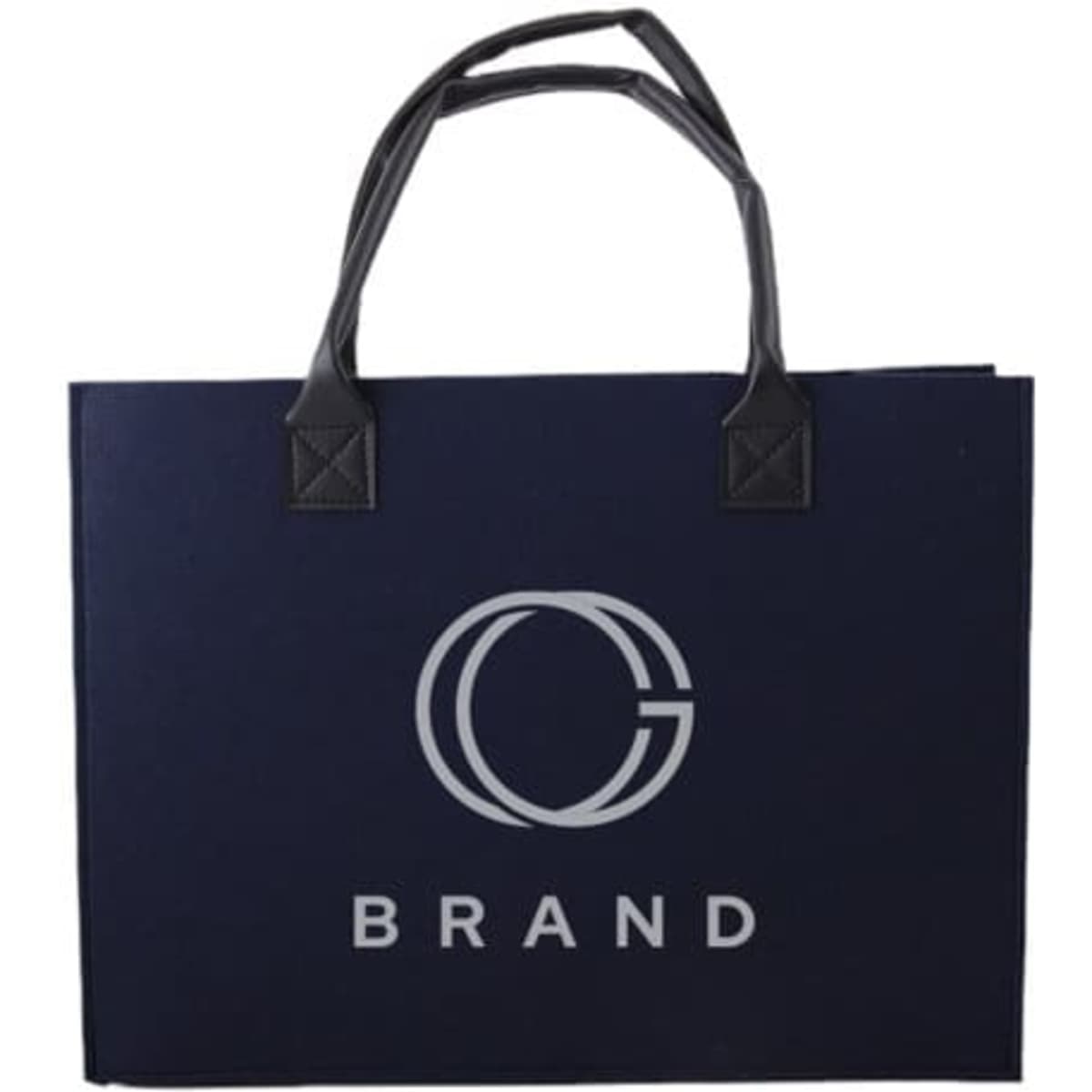 A large navy tote bag with black handles and a printed logo on the front.