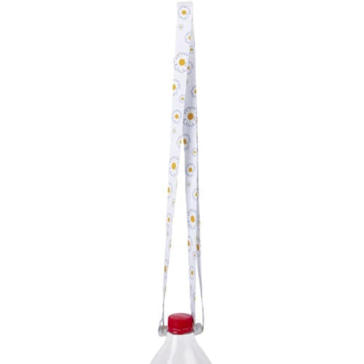 A drink bottle with a white lanyard featuring a pattern of yellow flowers. The lanyard has a logo.