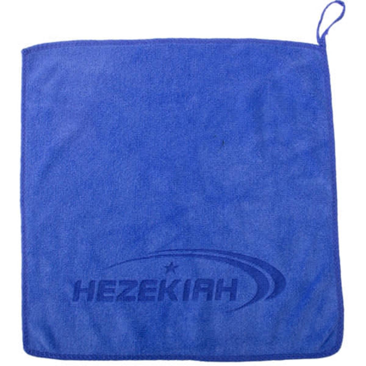 A blue double-sided microfiber cleaning towel featuring a logo. Soft texture ideal for cleaning tasks.