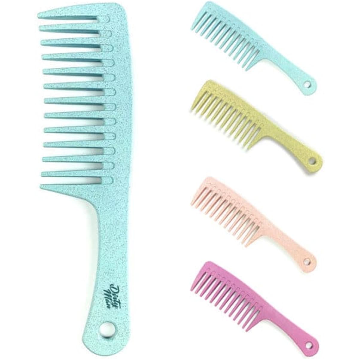 A set of four combs in pink, mint green, yellow, and purple hues, with a larger blue comb. Each has a branding logo.