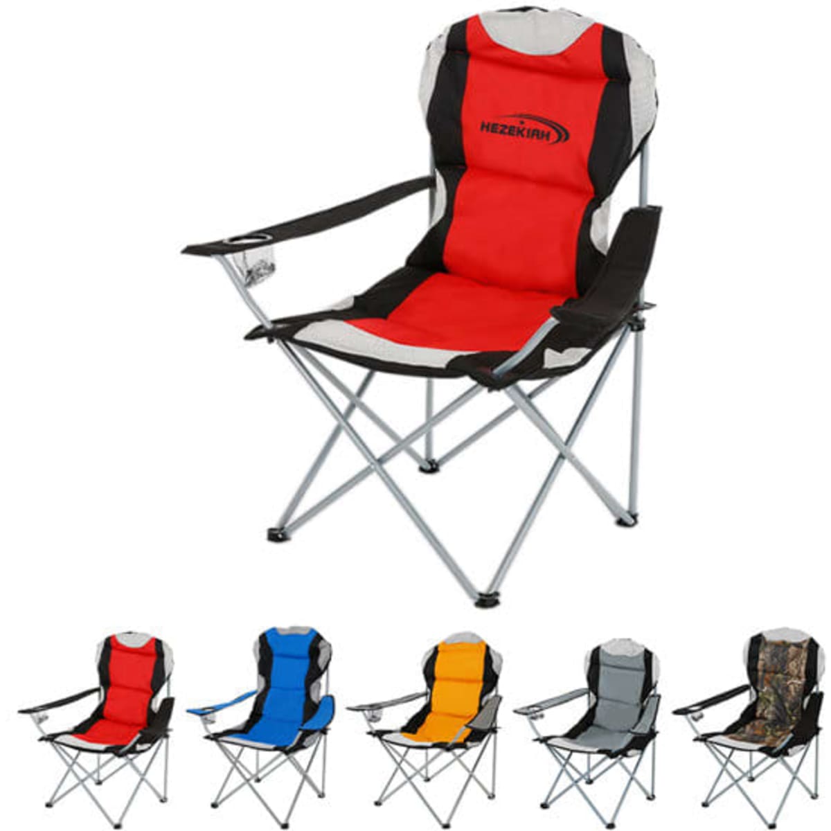 A folding camping chair in red and black, featuring a cup holder, with options of blue, orange, grey, and camo designs below.