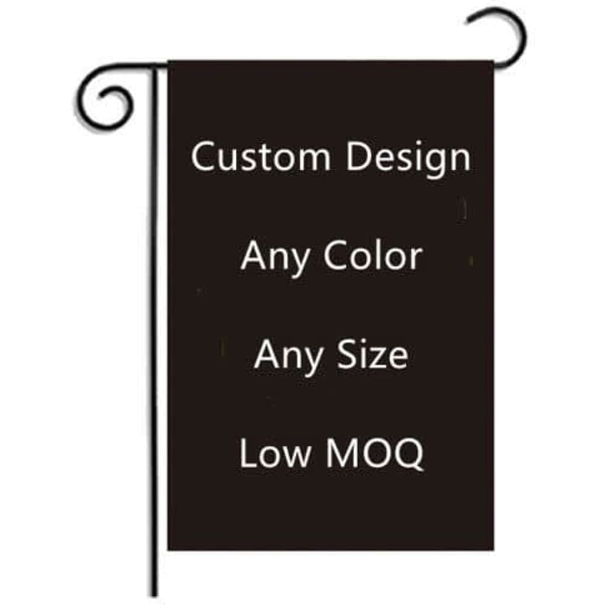 A garden flag with a black background, featuring customizable options for colour and size, and held by a decorative stand.