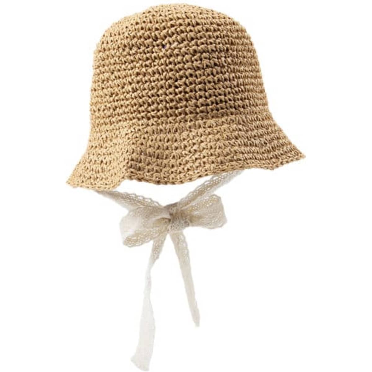 A light brown crochet straw hat with a lace strap attached. It features a wide brim and an elegant design.