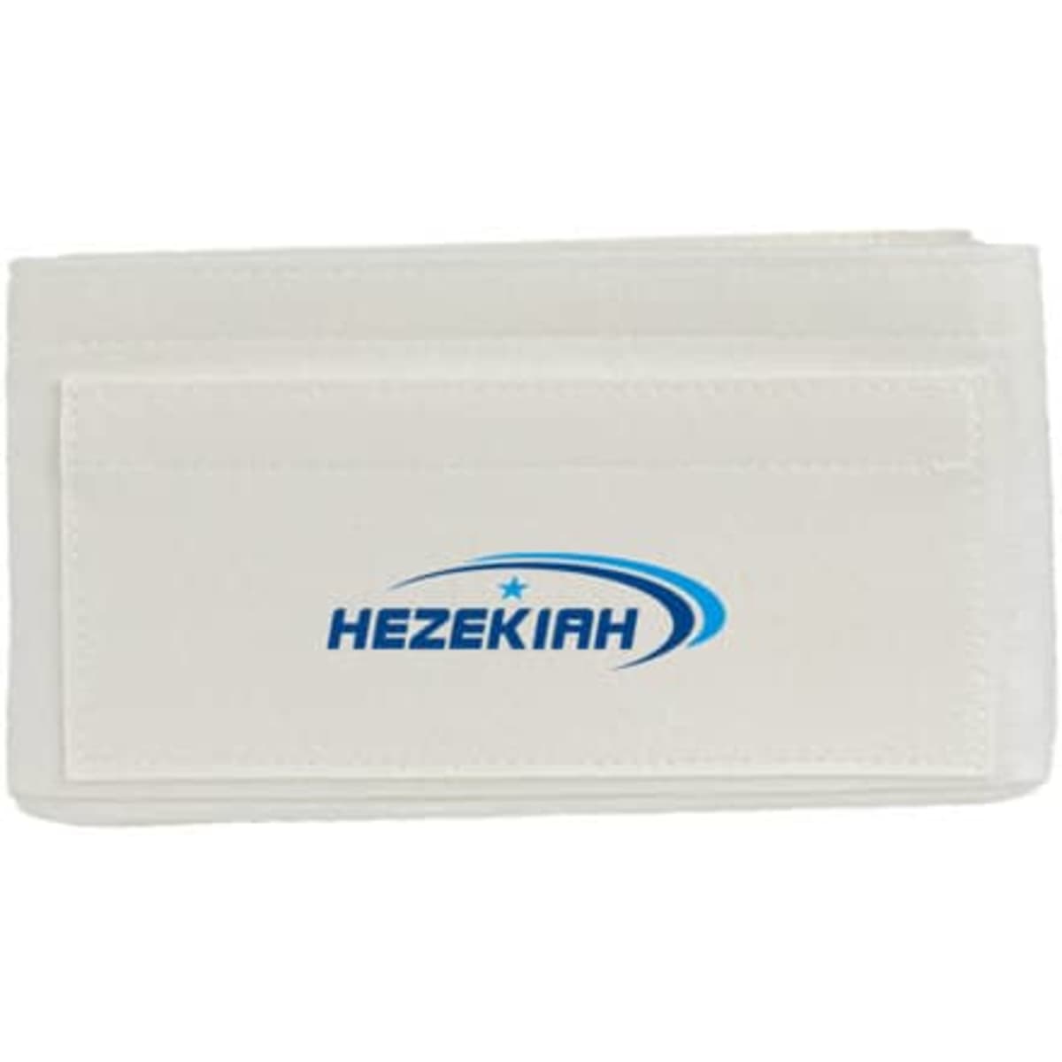 A white felt purse organiser with a blue logo, featuring a pocket and a flat design.