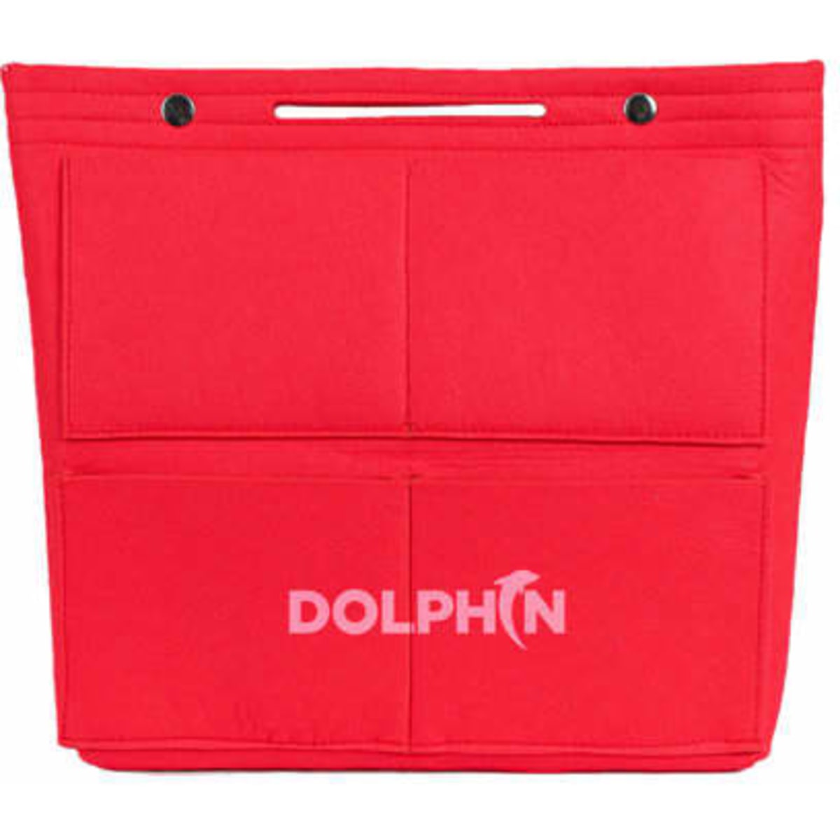 A red felt tote bag organiser with multiple pockets and a logo. Ideal for keeping various items organised.