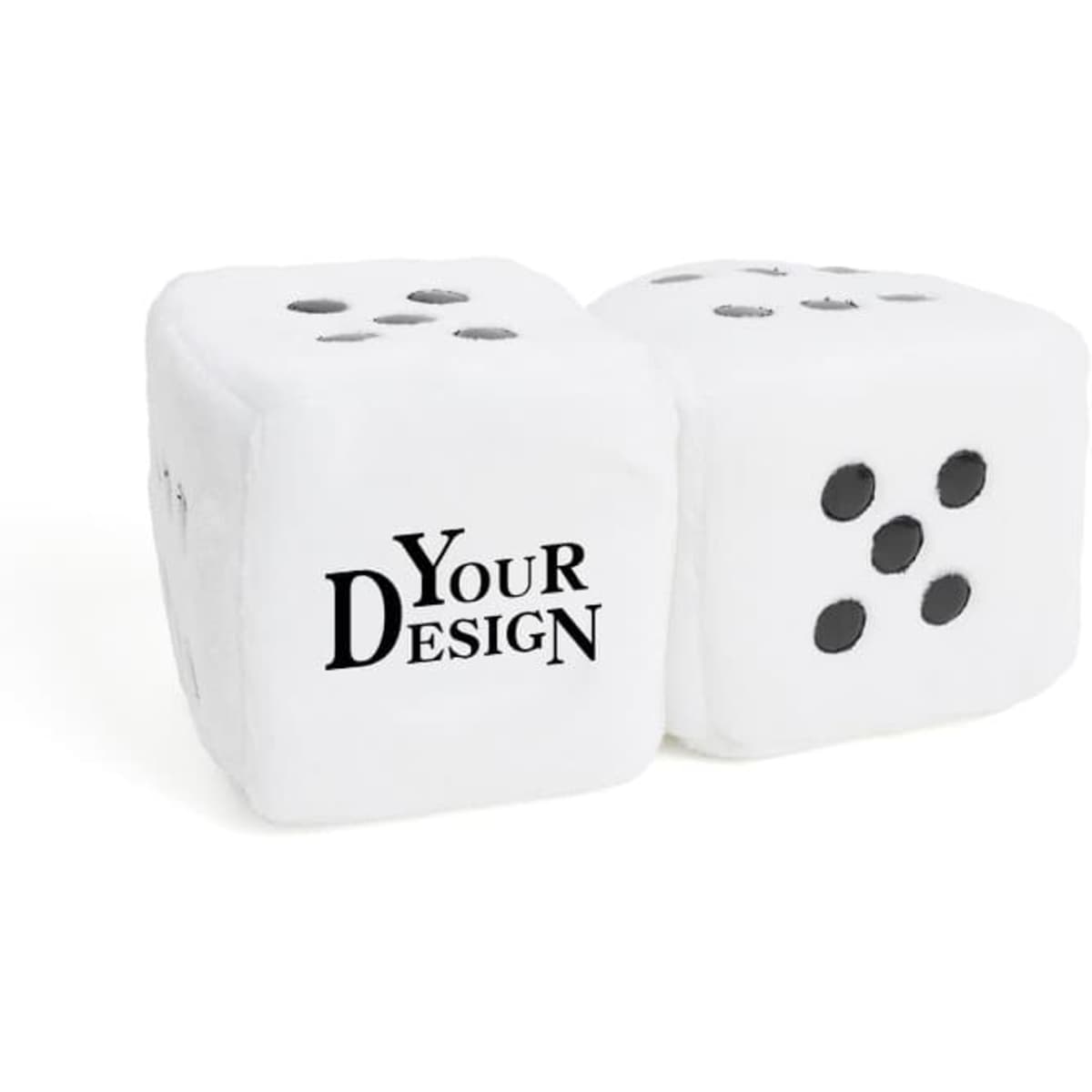 Two white fuzzy dice featuring black spots and a space for custom design.
