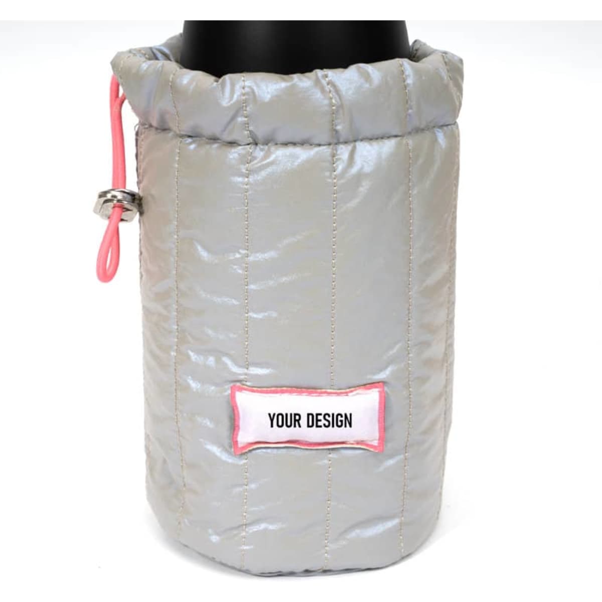 A drink bottle holder bag in shiny silver with a pink drawstring and a placeholder for custom design.