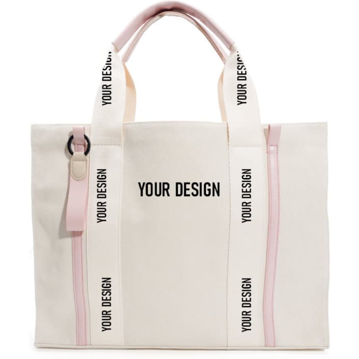 A large canvas tote bag in cream and pink, featuring handles and a logo on the straps.