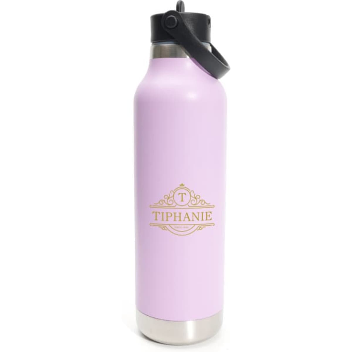 A drink bottle in lavender with a stainless steel base and a black lid, featuring a logo.
