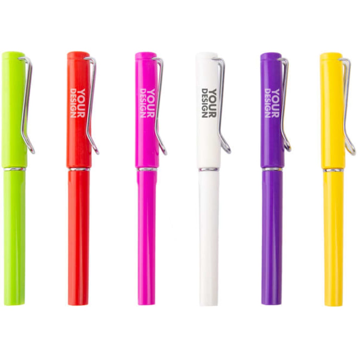 A set of U-shaped gel pens in green, red, pink, white, purple, and yellow, each with a clip and a logo.