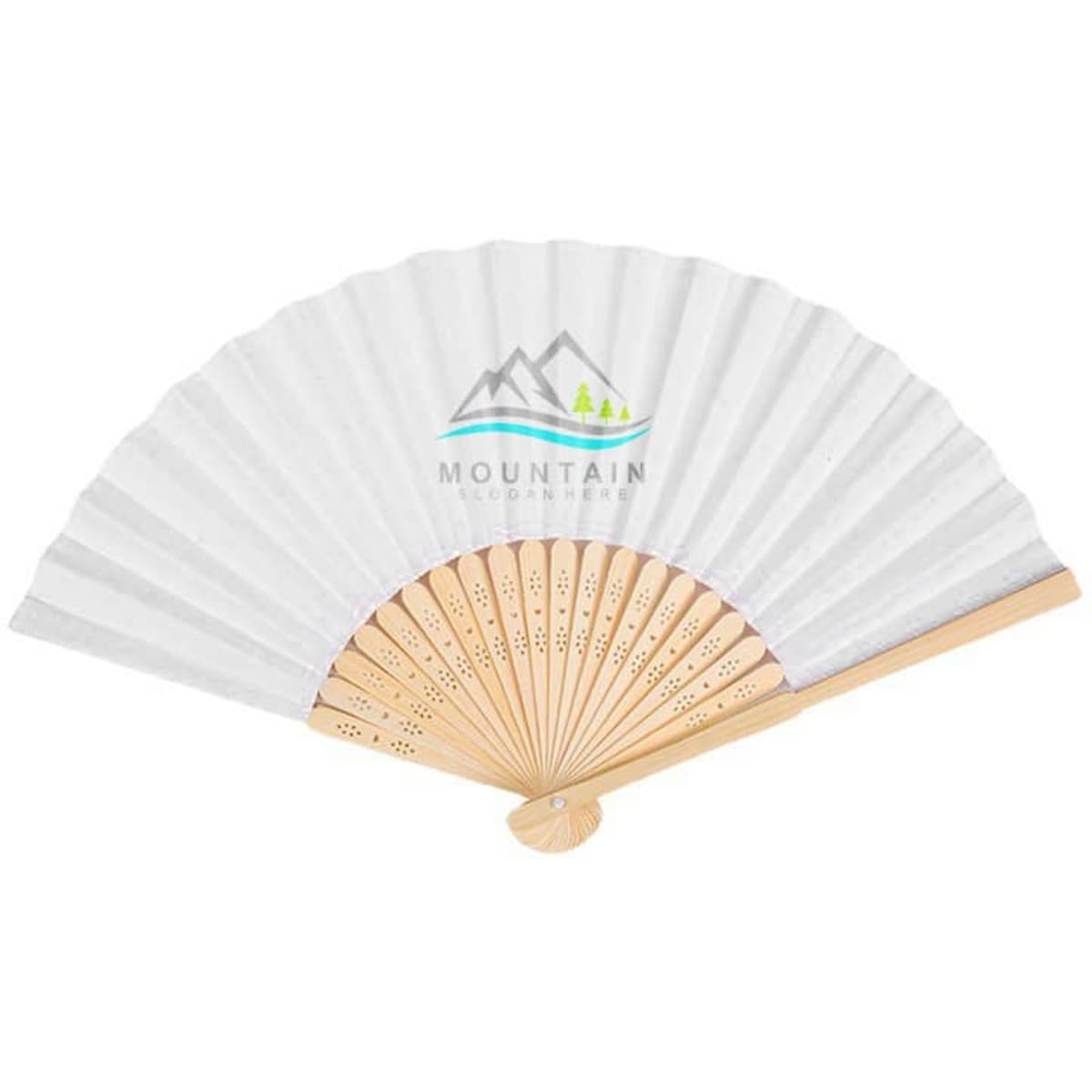 A folding bamboo hand-held paper fan with a white design and a logo, featuring a bamboo handle.