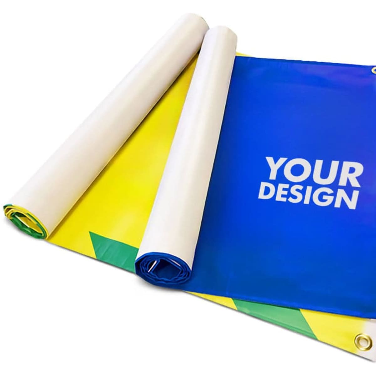 A custom fence banner featuring a blue and yellow design, with rolled edges and a logo.