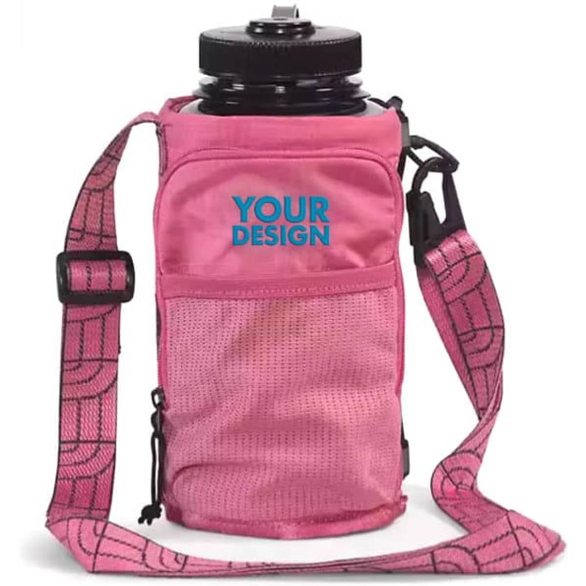 A drink bottle carrier bag in pink, featuring a mesh design and a strap, with a pocket for a phone and a logo.