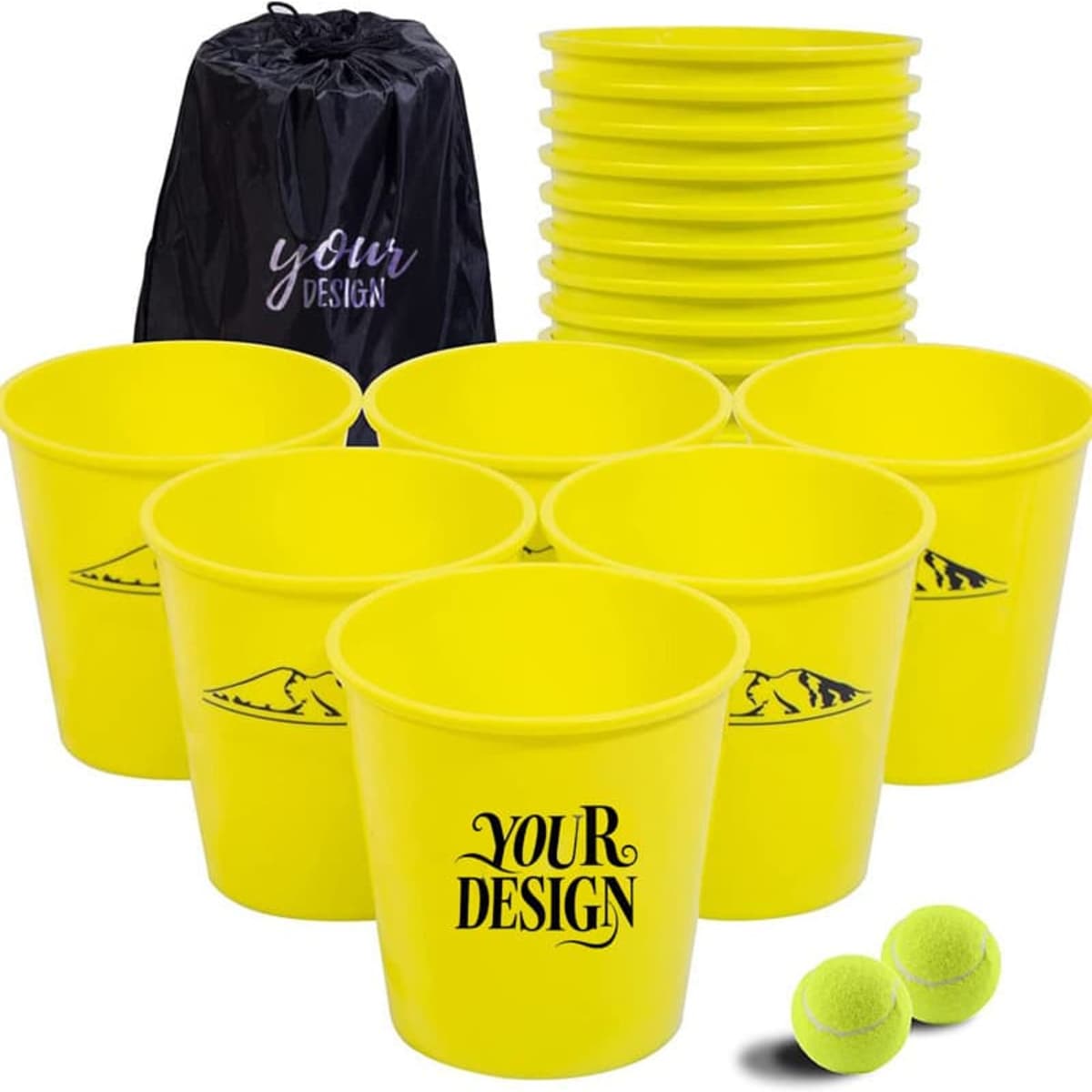 A set of bright yellow buckets, two balls, and a black drawstring storage bag. The buckets feature a logo.