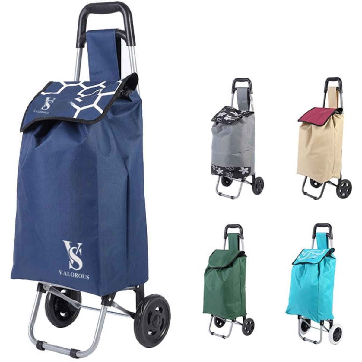 A foldable shopping trolley bag in navy blue, with four additional bags in various colours, featuring a logo.