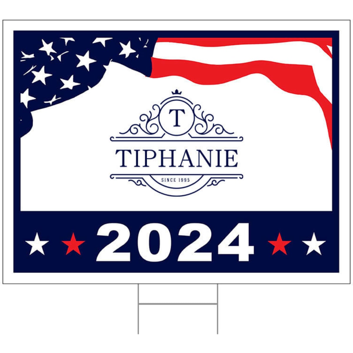 A yard sign featuring a patriotic design with red, white, and blue colours, and a metal stake for display.