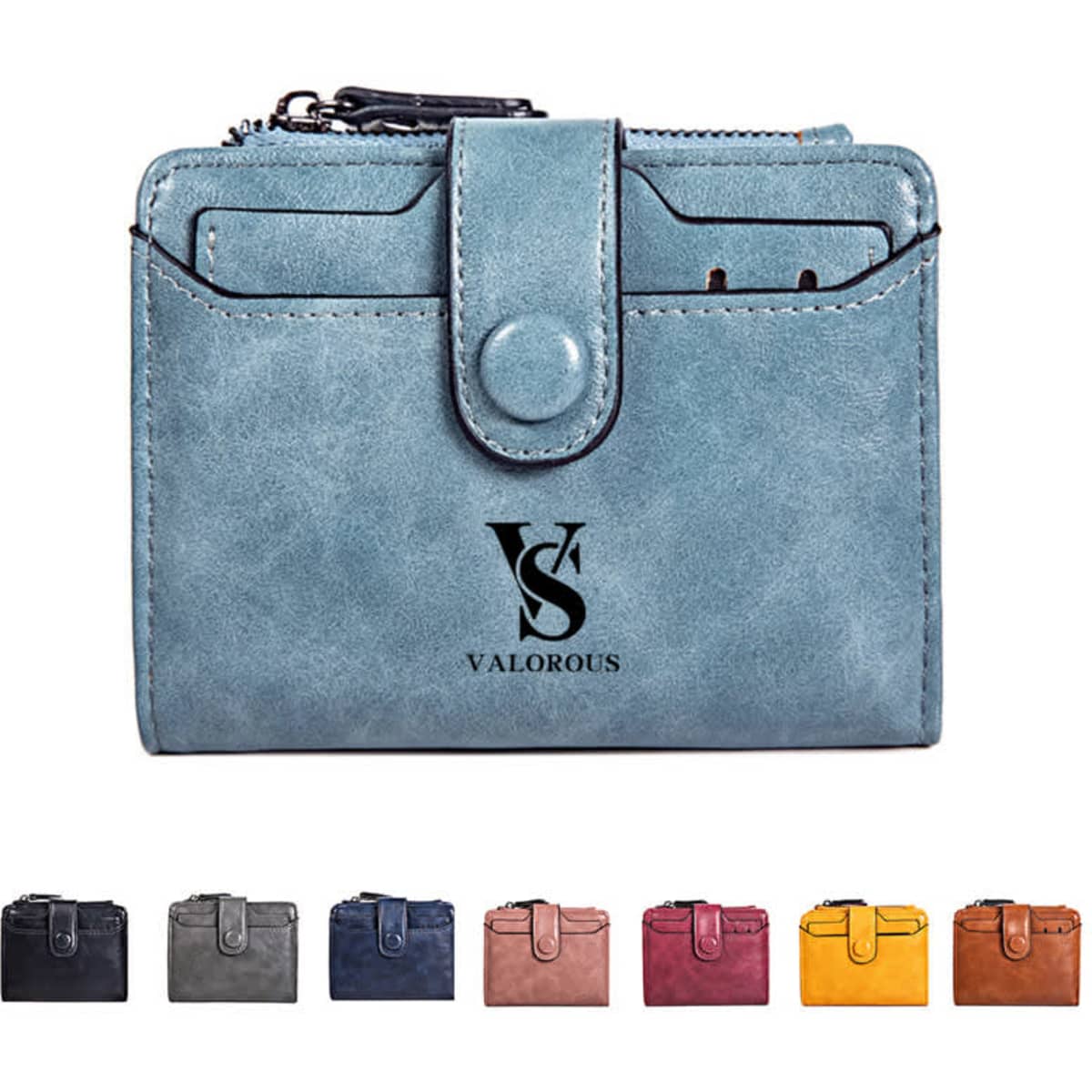 A blue PU leather wallet features multiple card slots and a snap closure, with an embossed logo on the front.