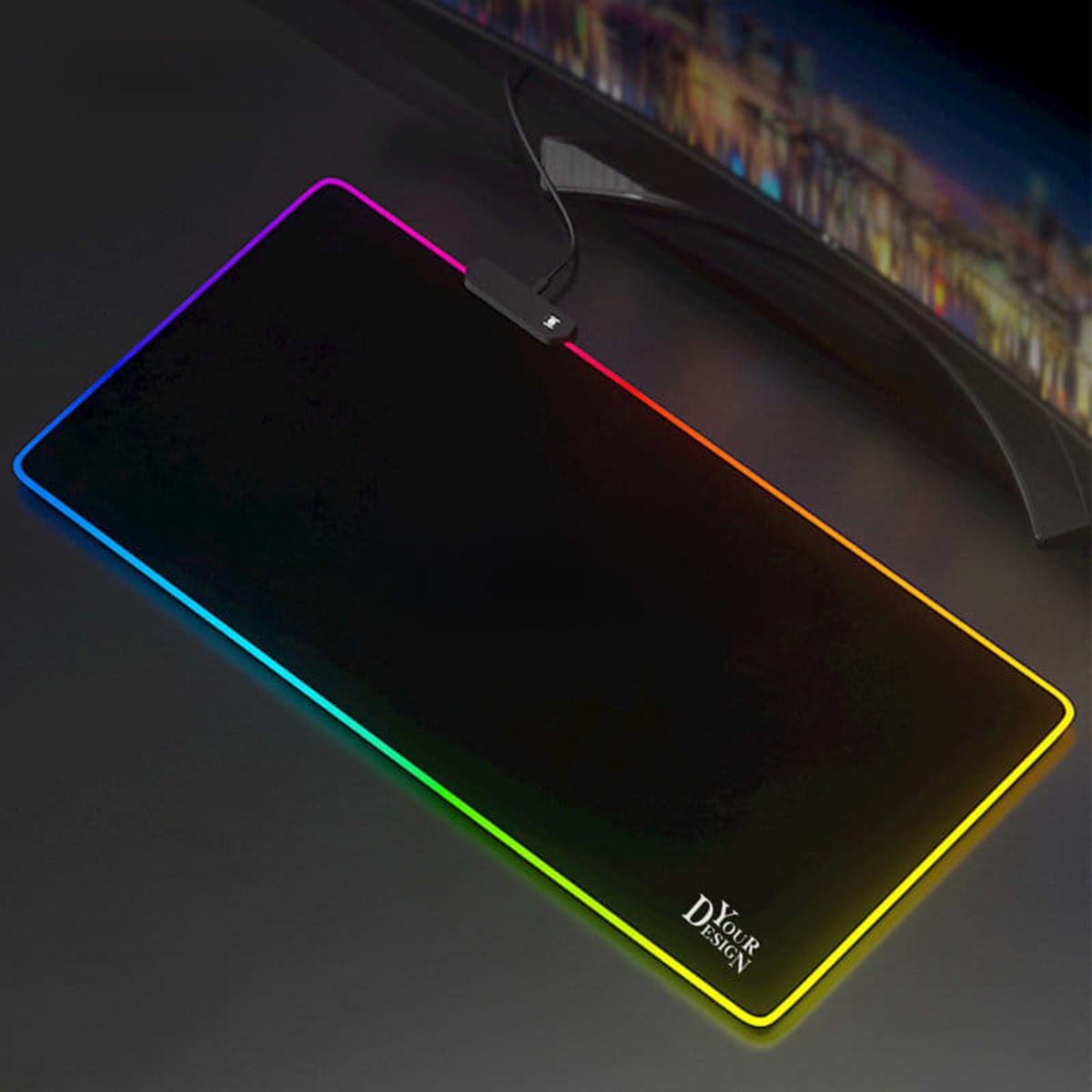 A large LED mouse pad with a black surface and multicoloured edging, featuring a logo.