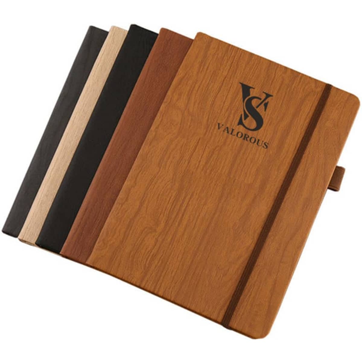 A5 wood grain notebook available in brown, black, cream, and dark brown with a logo on the front.