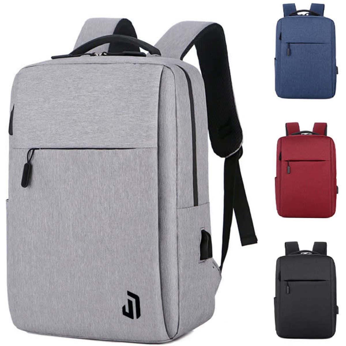 A grey laptop backpack with USB charging port, featuring multiple pockets and adjustable straps. Available in blue and red.