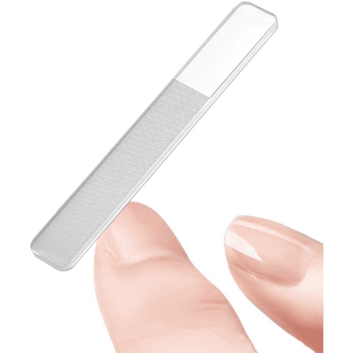 A custom nano nail file buffer with a smooth, transparent design, being held by a fingertip.