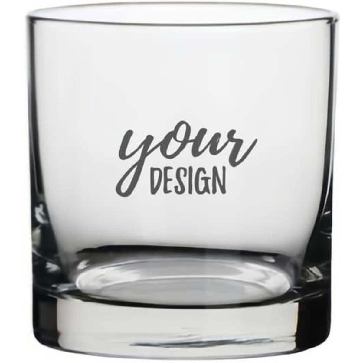 A clear glass whiskey mug with a thick base, featuring a customizable design option.