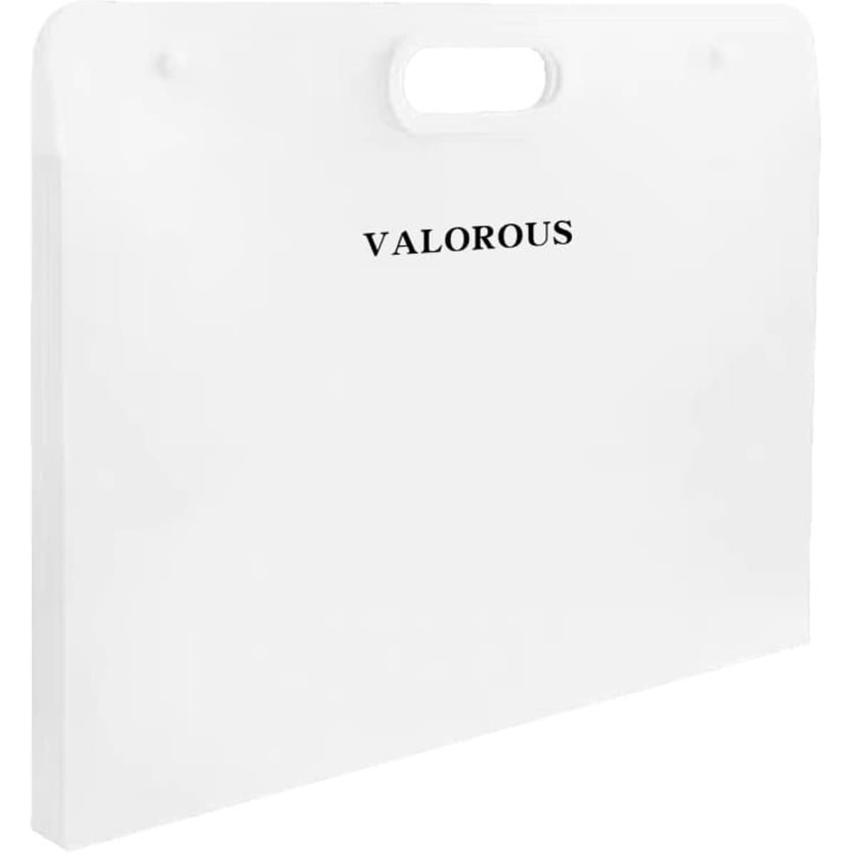 A white custom plastic art portfolio with a handle and a logo on the front.