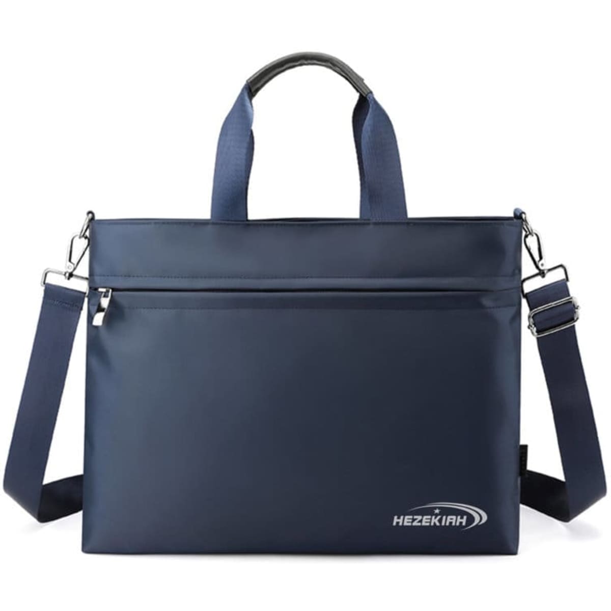 A navy blue portable polyester briefcase with dual handles and a detachable shoulder strap. Features branding.