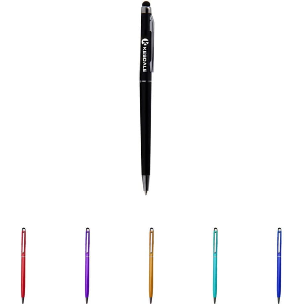 A 2 In 1 stylus ballpoint pen in black, with additional pens in purple, gold, blue, teal, and red below.