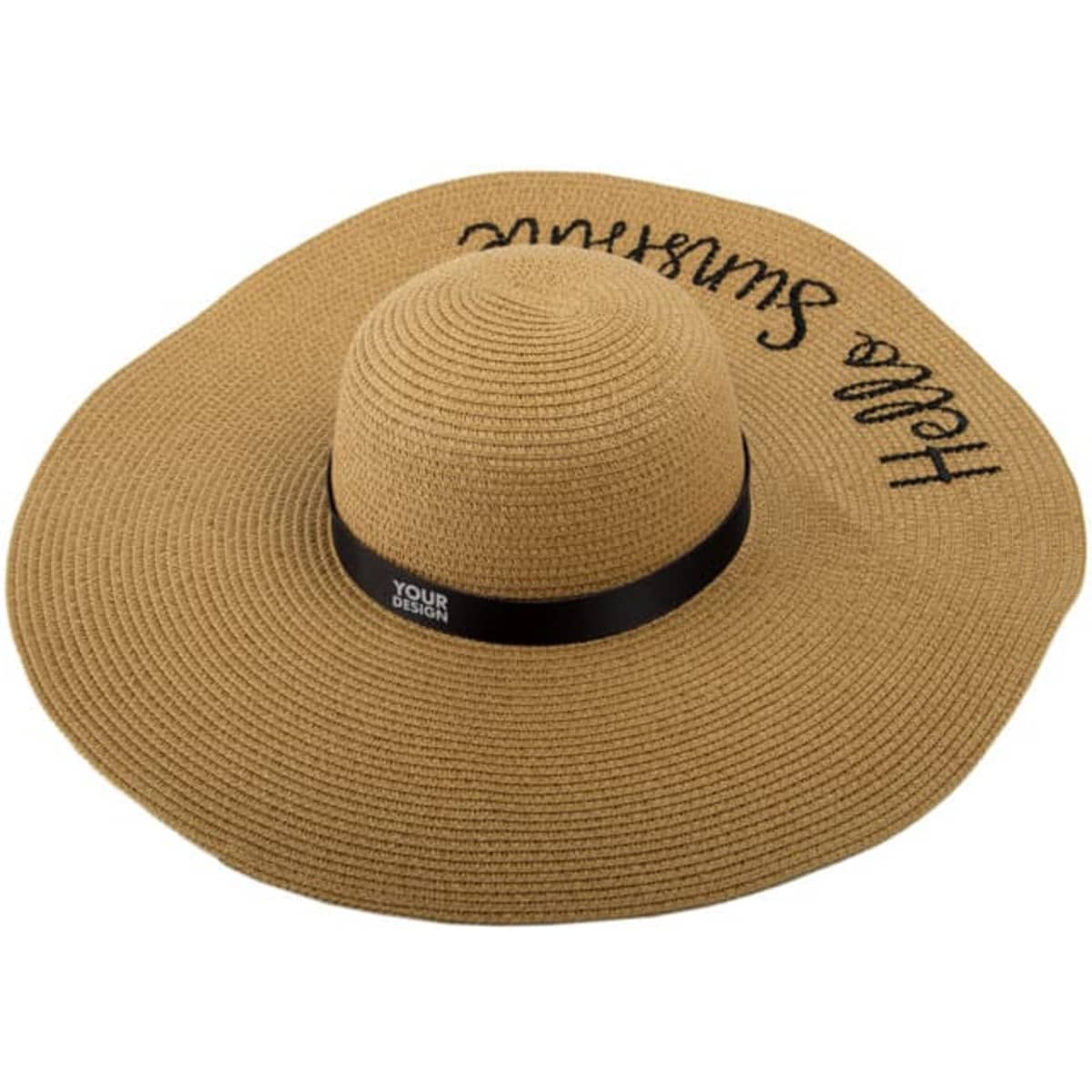 A wide-brim straw hat in tan with a black ribbon band and a logo, featuring a text design.