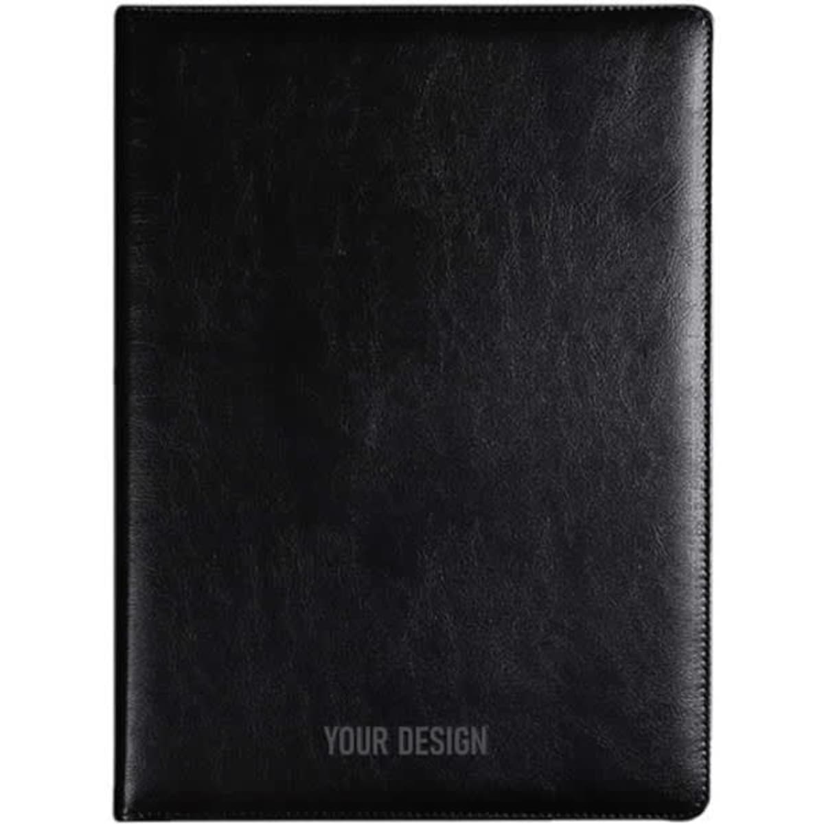 A black PU leather A4 portfolio featuring a smooth surface and a logo area for custom design.