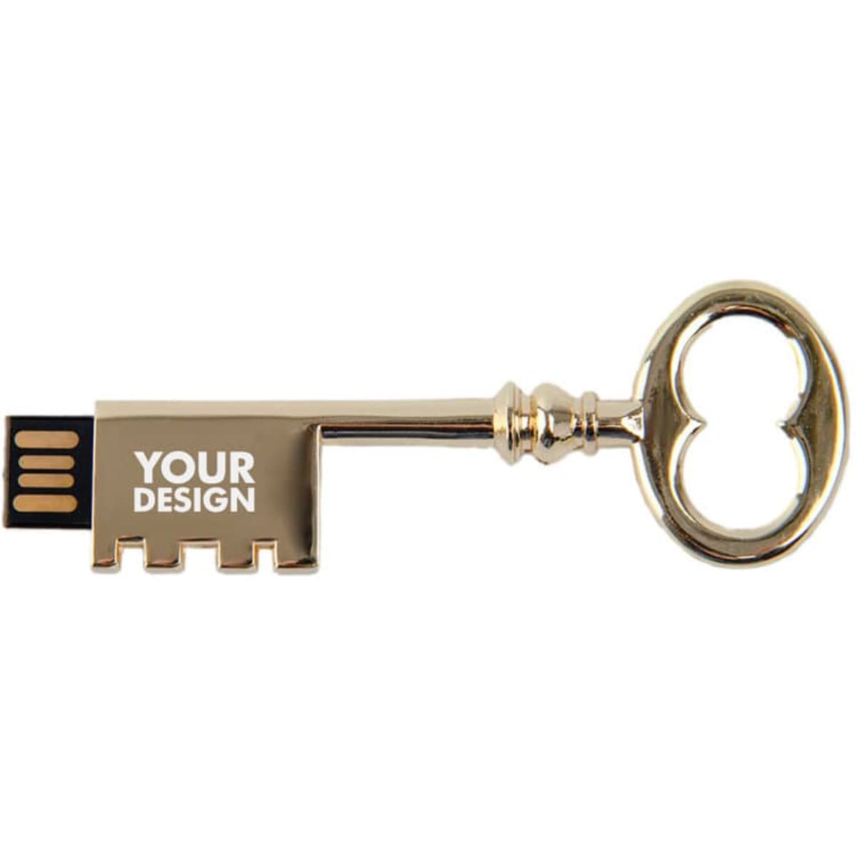 A gold heart-shaped USB flash drive with a key design, featuring a space for custom branding.