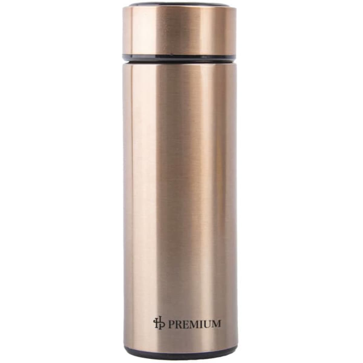 A drink bottle in a sleek, copper finish with a stainless steel design and a logo on the front.