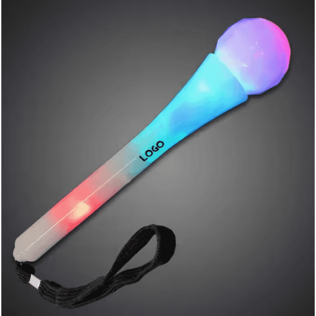 A personalised LED toy microphone in shades of blue, pink, and purple, featuring a logo and a wrist strap.