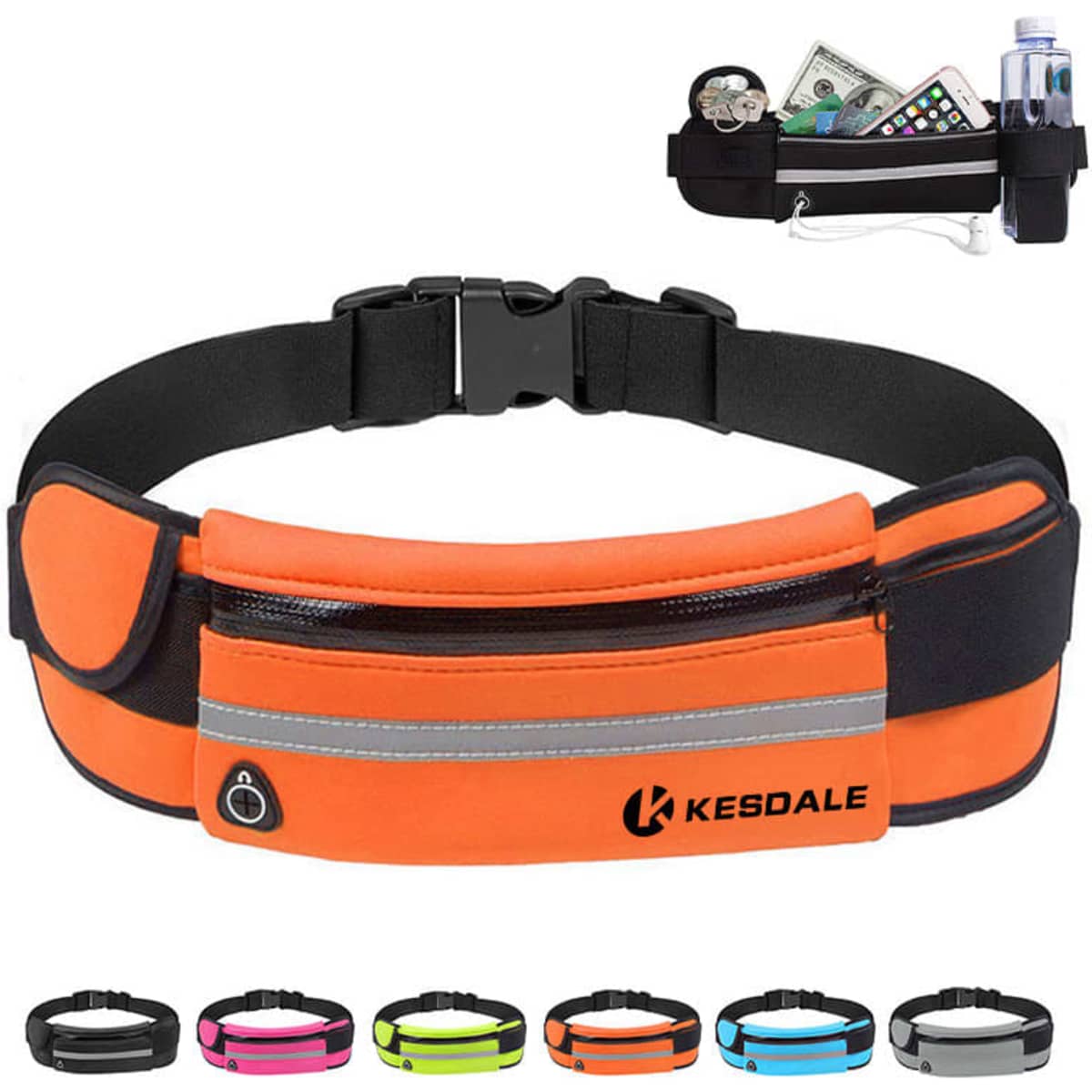 An orange waterproof running waist bag with a zippered pocket, featuring a logo and multiple colour options below.
