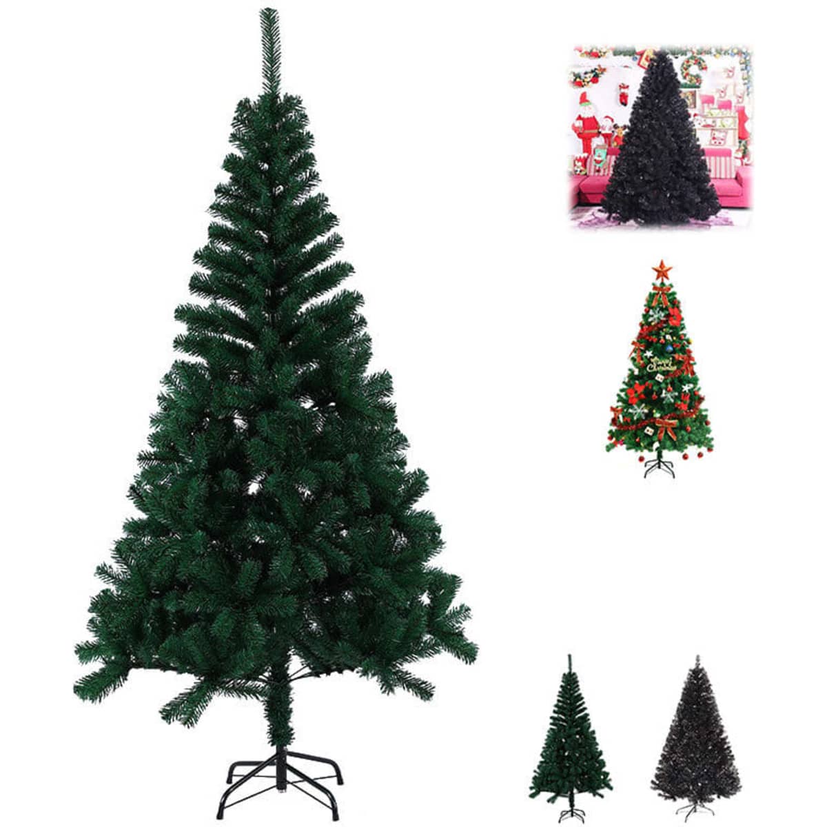 A green simulation Christmas tree with a metal stand, displayed alongside various styled examples in different colours.