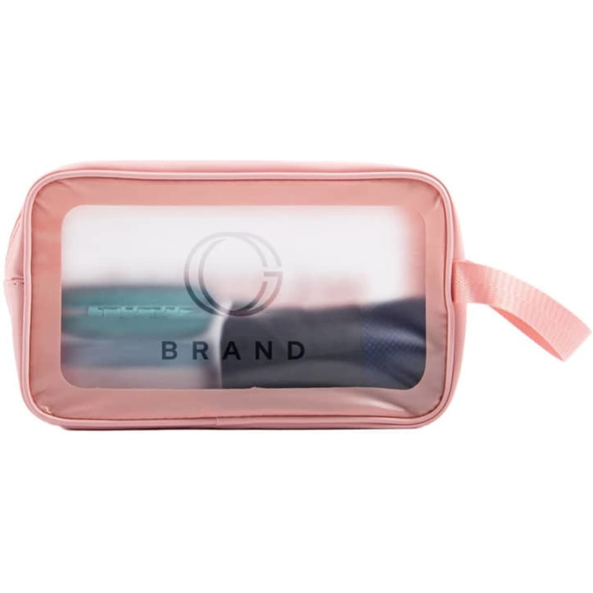 A pink transparent cosmetic toiletry bag with a zip closure and a handle, featuring a logo on the front.
