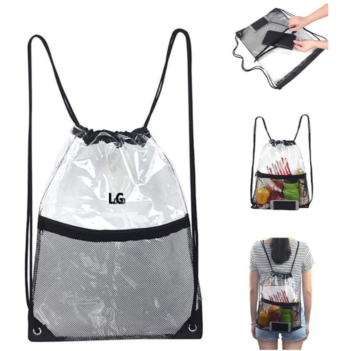 A clear drawstring bag with a black mesh pocket, featuring adjustable straps and a logo on the front.